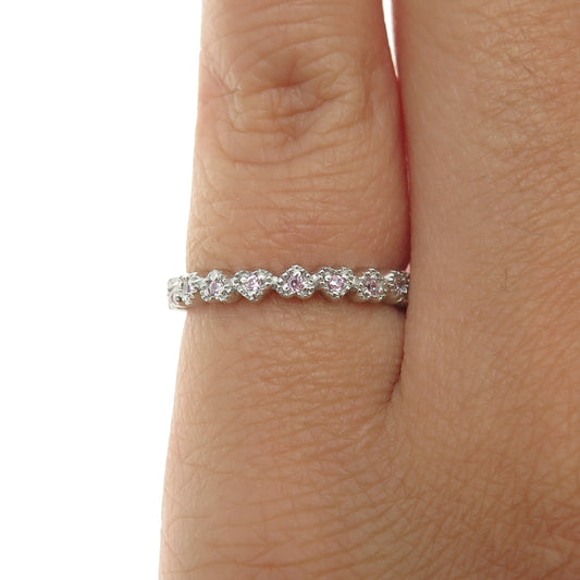 925 Sterling Silver Round-Cut Pink C Z Heart All Around Eternity Ring Size 4.75