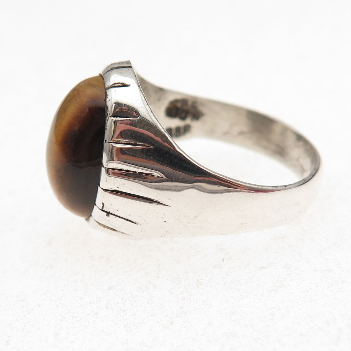 925 Sterling Silver Vintage Real Tiger Eye Modernist Oxidized Ring Size 11.5