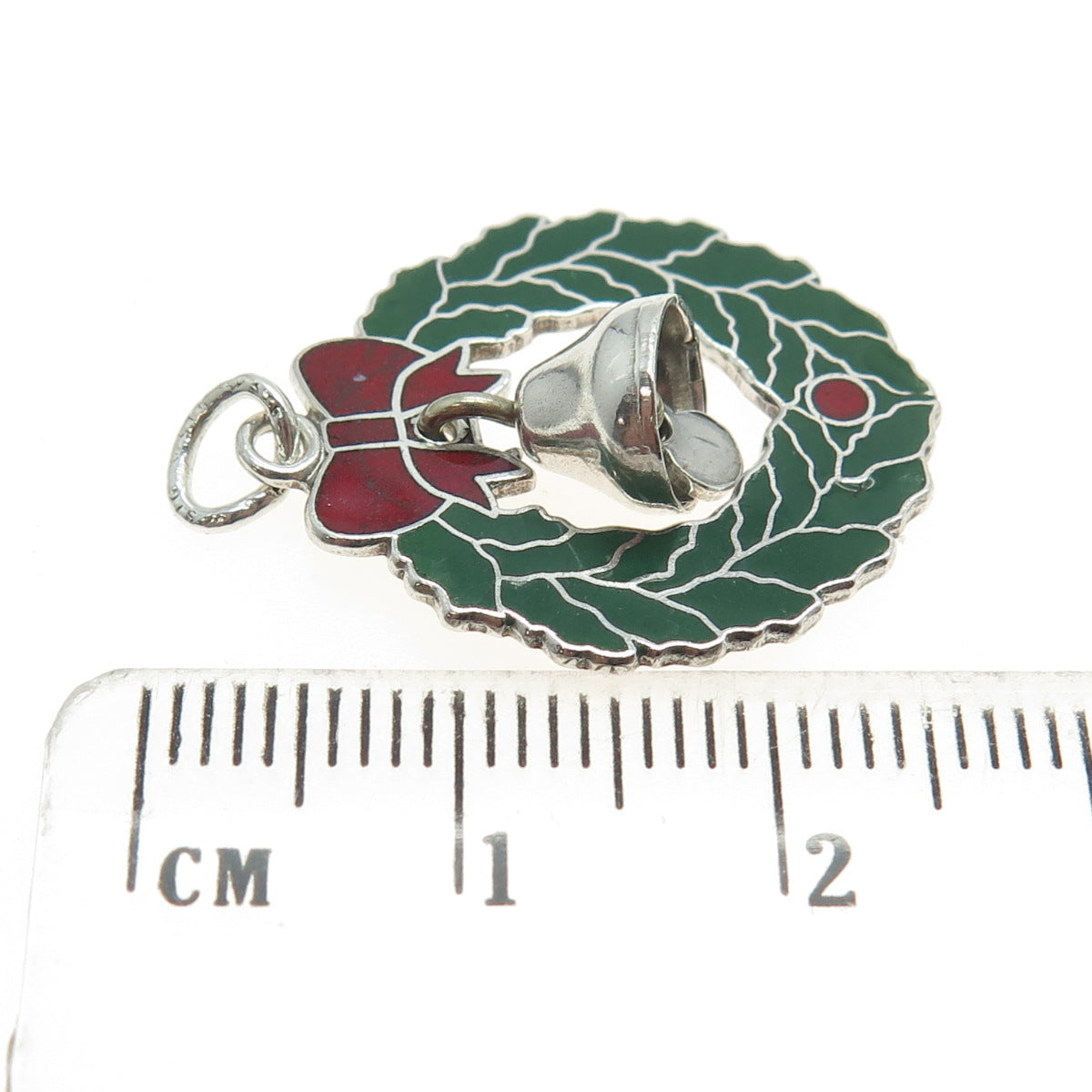 WELLS 925 Sterling Silver Antique Art Deco Enamel Christmas Wreath Bell Pendant