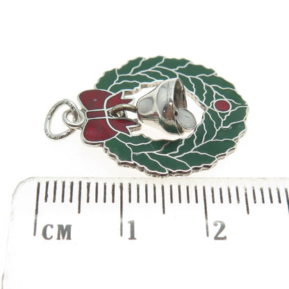 WELLS 925 Sterling Silver Antique Art Deco Enamel Christmas Wreath Bell Pendant