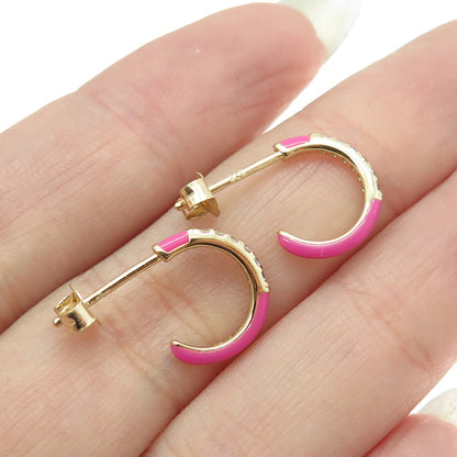 925 Sterling Silver Gold Plated Enamel Round-Cut C Z Hoop Earrings