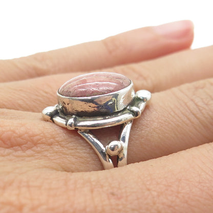 925 Sterling Silver Vintage Real Picture Rhodochrosite Gem Beaded Ring Size 8.75