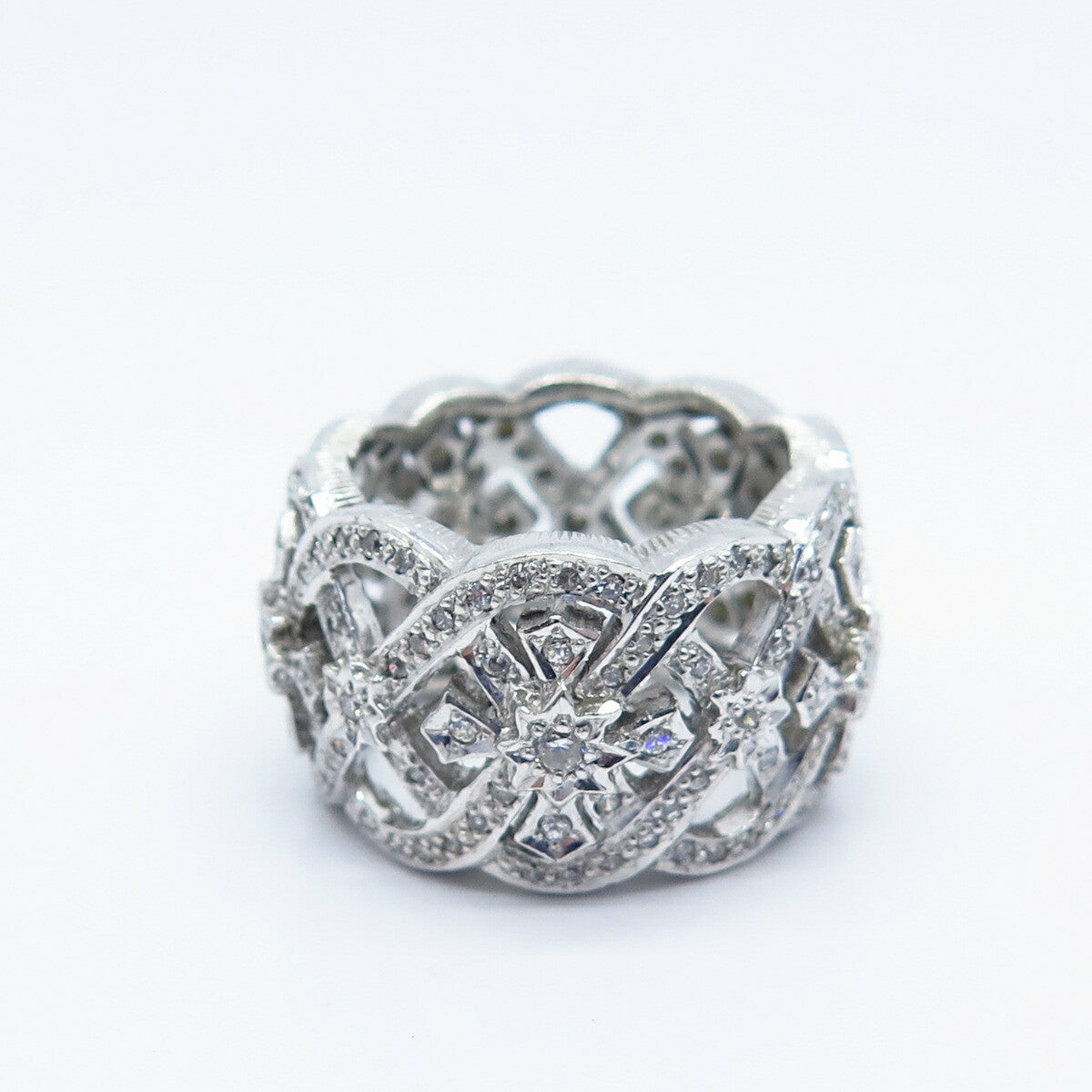 925 Sterling Silver Pave C Z Ornate Wide Band Ring Size 7.25