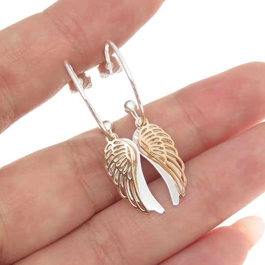 925 Sterling Silver 2-Tone Angle Wings Dangling Hoop Earrings