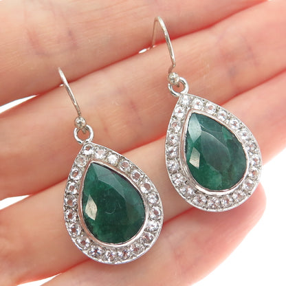 925 Sterling Silver Real Pear-Cut Emerald Round-Cut White Topaz Dangle Earrings