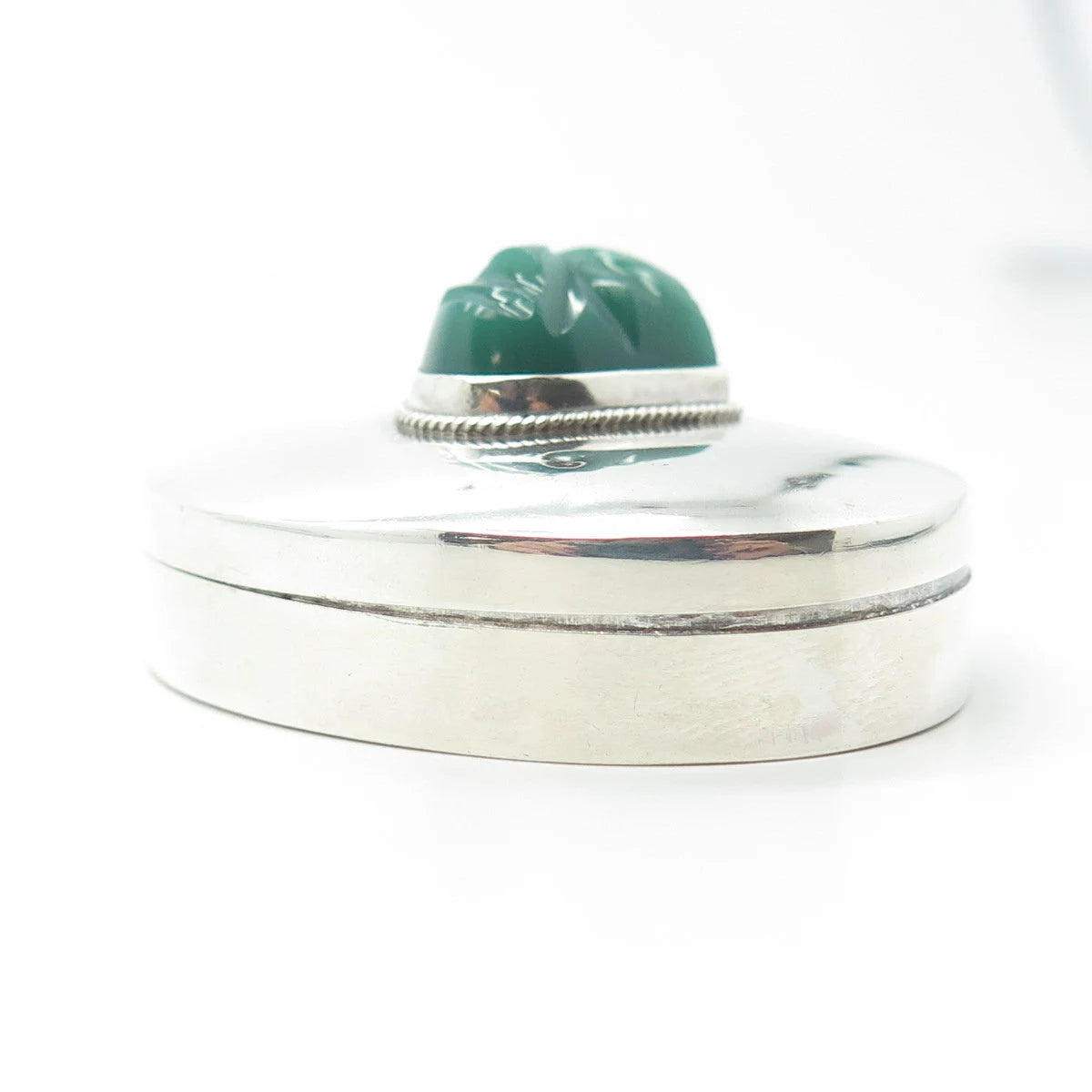 925 Sterling Silver Vintage Real Green Onyx Gemstone Tribal Face Box / Case