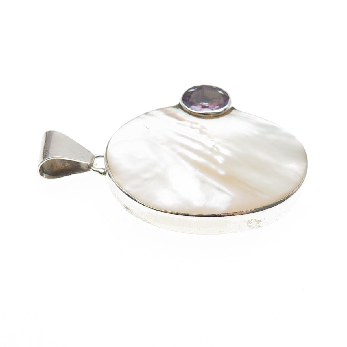 925 Sterling Silver Vintage Real MOP & Amethyst Modernist Pendant