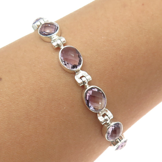 925 Sterling Silver Vintage Real Amethyst Station Link Bracelet 7-7.75"