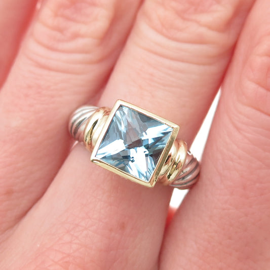 David Yurman 925 Sterling Silver 14K Gold Vintage Real Blue Topaz Ring Size 6.5