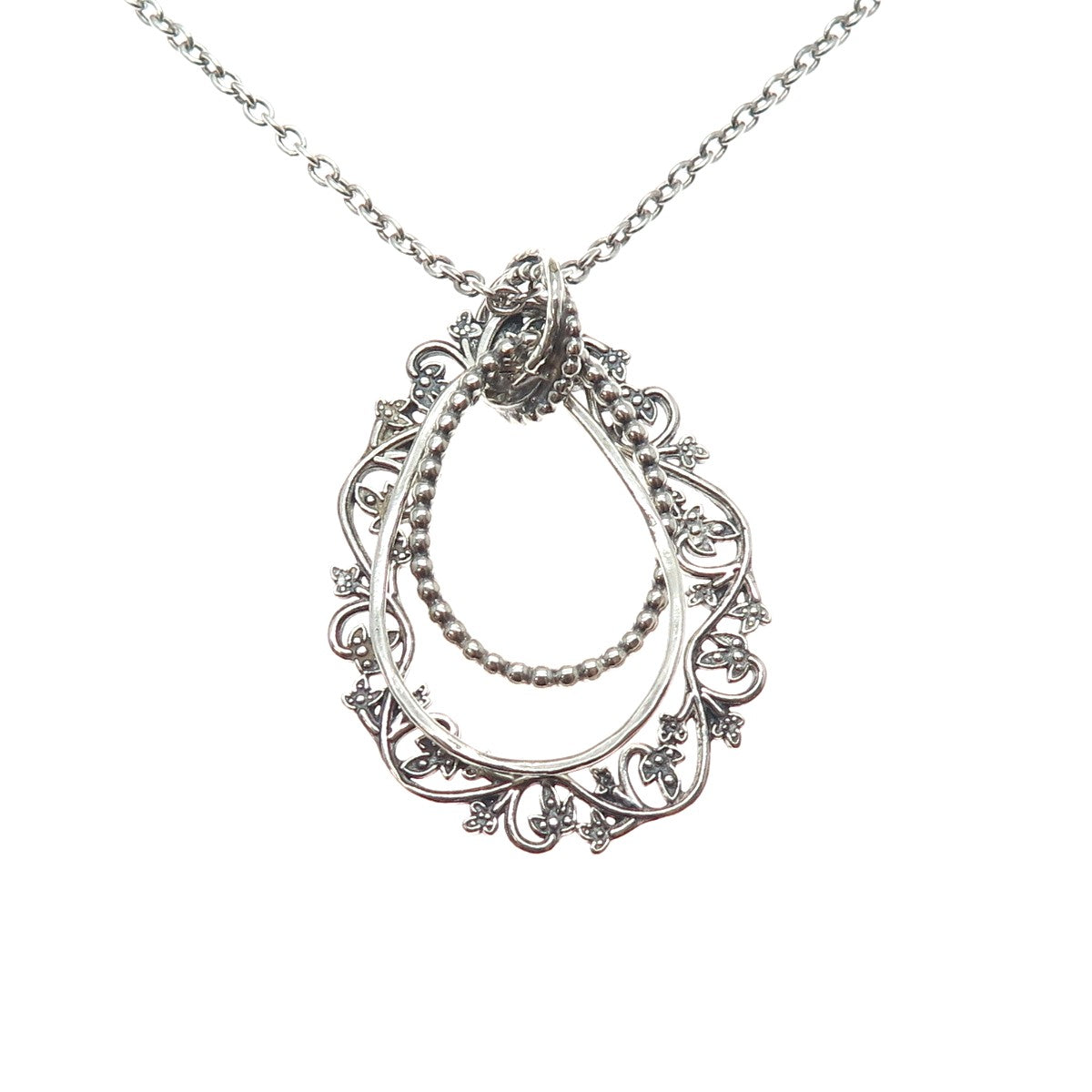 OR PAZ PZ 925 Sterling Silver Vintage Floral Teardrop Cable Chain Necklace 16"