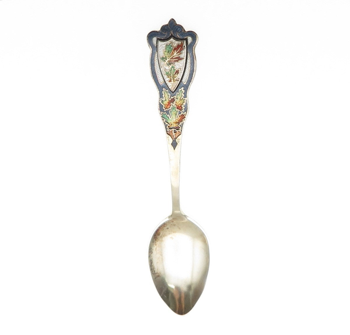CARON BROS 925 Sterling Silver Antique Art Deco Enamel Maple Leaf Coffee Spoon