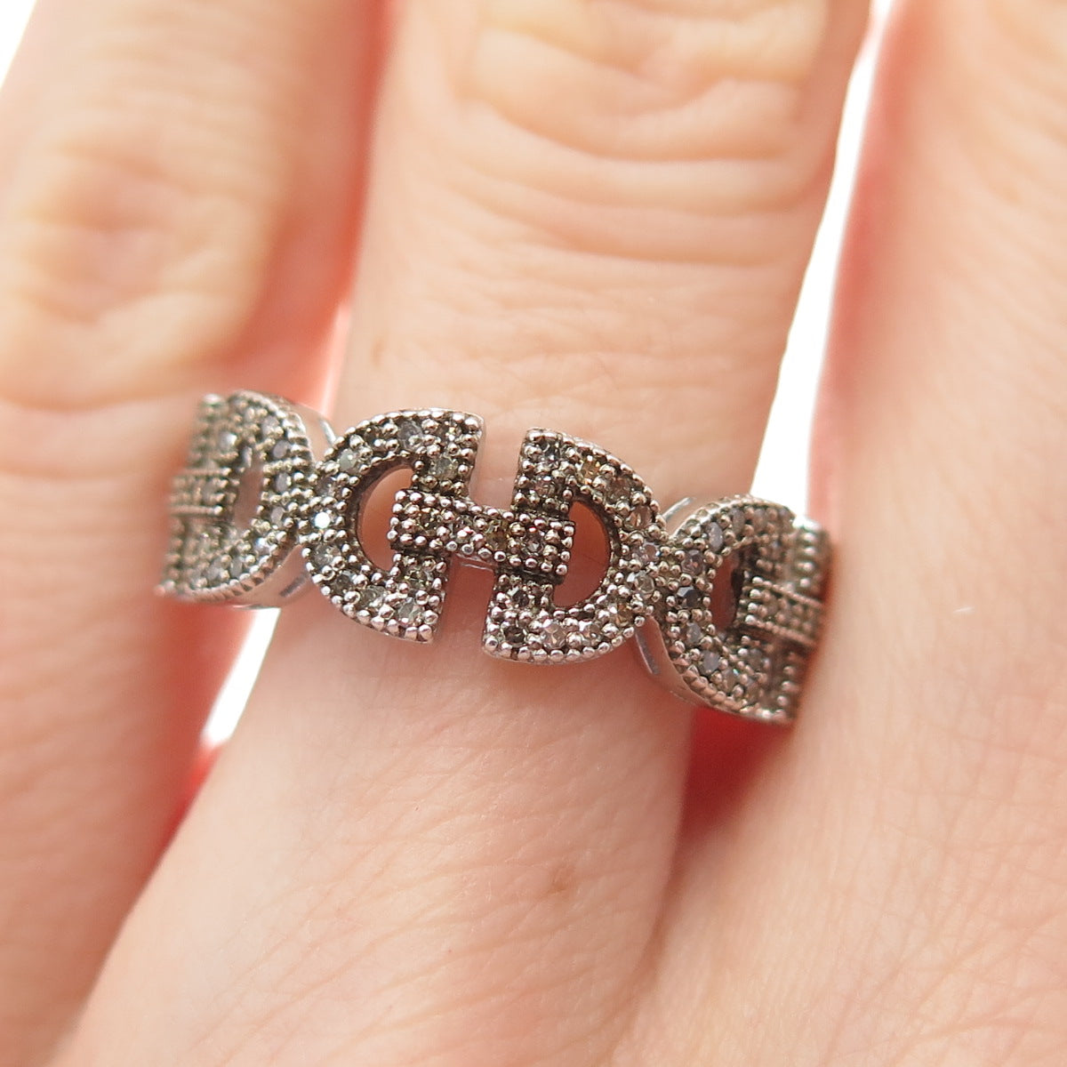 925 Sterling Silver Real Round-Cut Champagne Diamond Anchor Link Ring Size 6.25