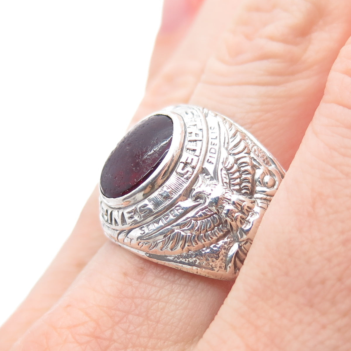 UNCAS 925 Sterling Silver Vintage Red Glass US Marines Signet Ring Size 11