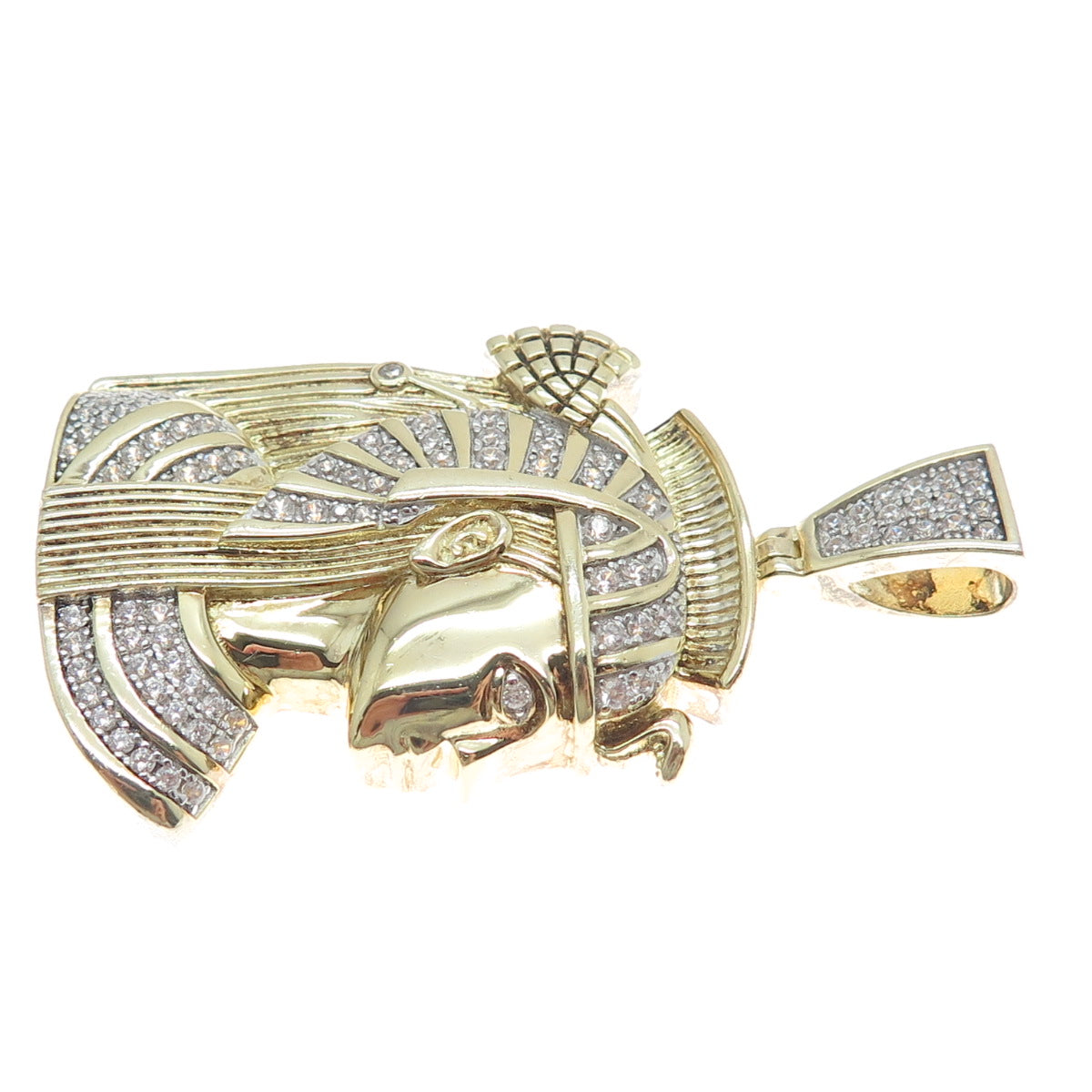 925 Sterling Silver Gold Plated Round-Cut Shaped C Z Egyptian Pharaoh Pendant