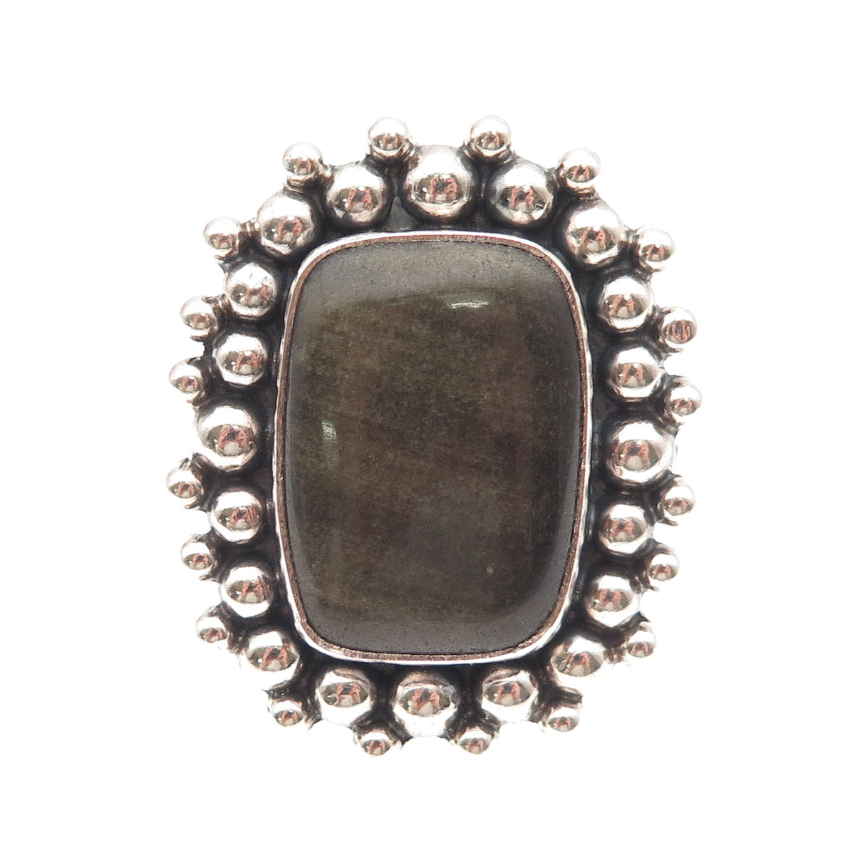 925 Sterling Silver Vintage Real Obsidian Beaded Adjustable Ring Size 7