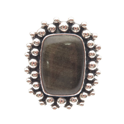 925 Sterling Silver Vintage Real Obsidian Beaded Adjustable Ring Size 7
