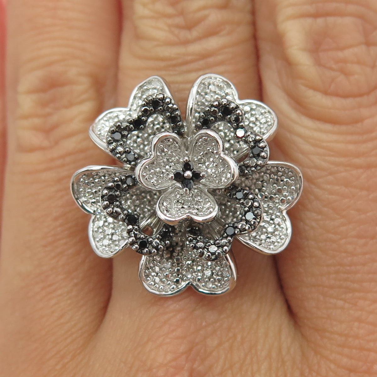 SUN 925 Sterling Silver Real Round-Cut Black White Diamond Flower Ring Size 7.25