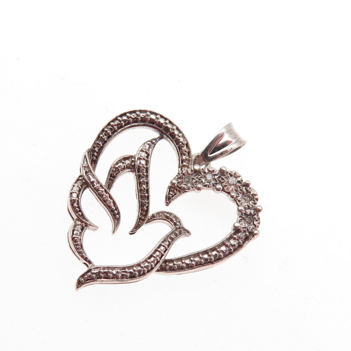 925 Sterling Silver Real Round-Cut Diamond Bird Heart Mini Charm Pendant