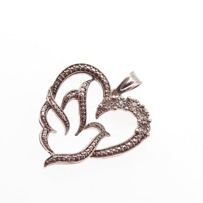 925 Sterling Silver Real Round-Cut Diamond Bird Heart Mini Charm Pendant
