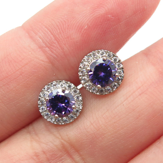 925 Sterling Silver Round-Cut Purple & White C Z Stud Earrings