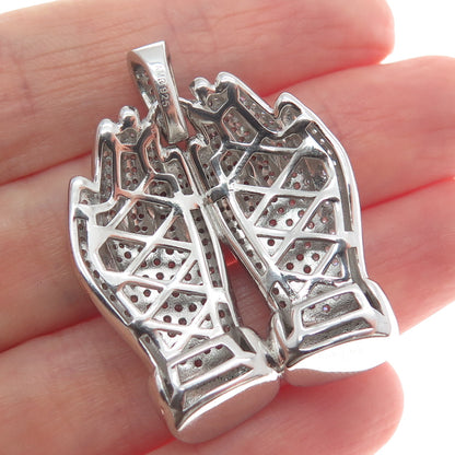925 Sterling Silver Round-Cut Shaped C Z Praying Hands Pendant