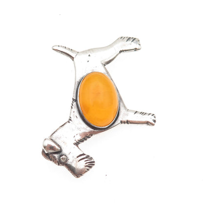 925 Sterling Silver Vintage Real Amber Airedale Terrier Dog Oxidized Pin Brooch