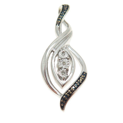 925 Sterling Silver Real Round-Cut Fancy Blue & White Diamond Twisted Pendant