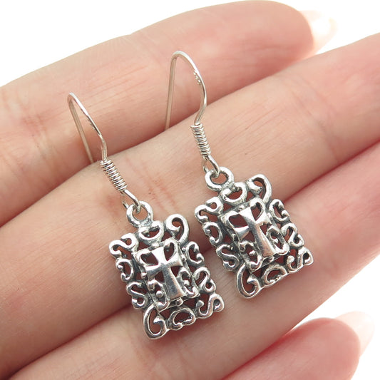 925 Sterling Silver Vintage Cross Ornate Swirl Dangle Hook Earrings