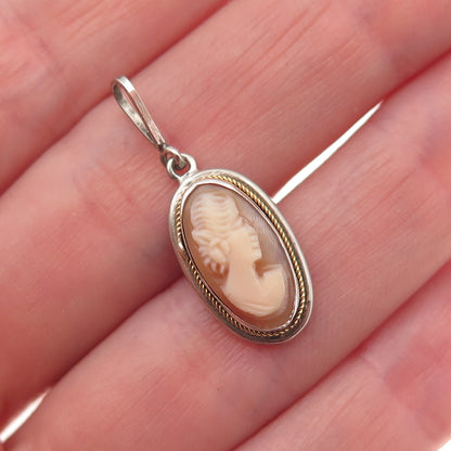 800 Silver 2-Tone Antique Art Deco Real MOP Lady Cameo Charm Pendant