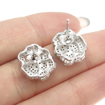 925 Sterling Silver Pave C Z Floral Stud Earrings