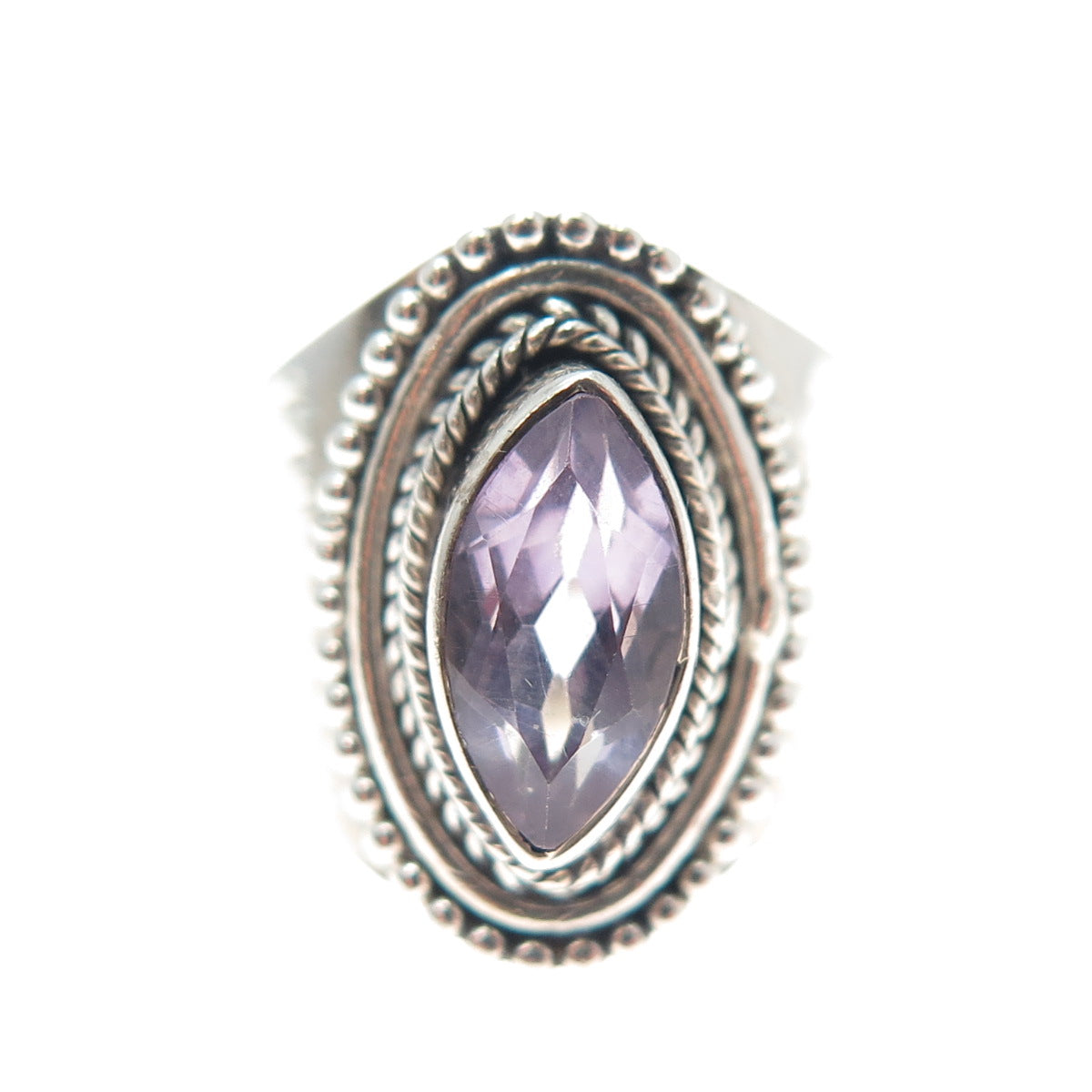 925 Sterling Silver Vintage Real Marquise-Cut Amethyst Beaded Ring Size 6
