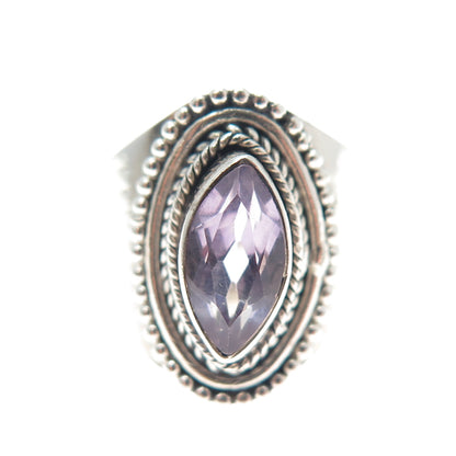 925 Sterling Silver Vintage Real Marquise-Cut Amethyst Beaded Ring Size 6