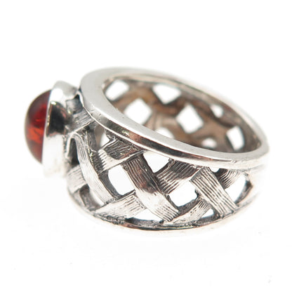 925 Sterling Silver Vintage Real Amber Woven Oxidized Ring Size 5.5