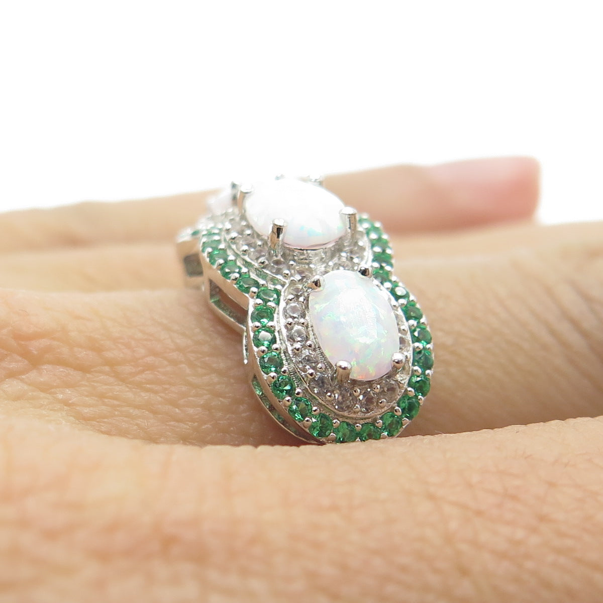DSMK 925 Sterling Silver Real Opal White Topaz & Chrome Diopside Ring Size 7.25