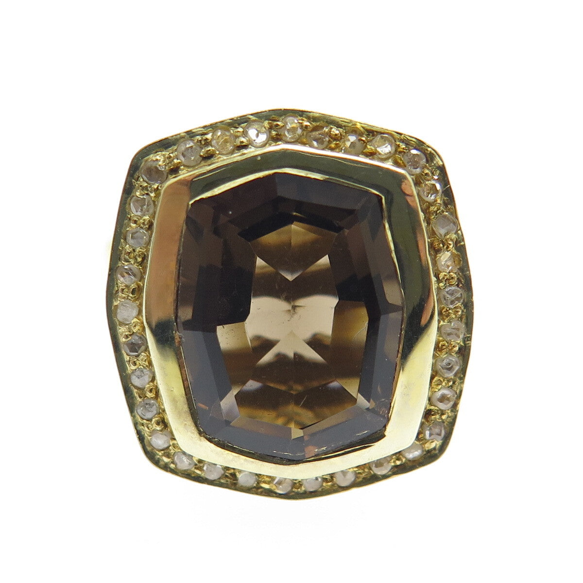 925 Sterling Silver Gold Plated Real Diamond & Smoky Quartz Ring Size 5.75