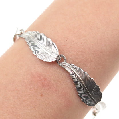 JEWELART 925 Sterling Silver Antique Art Deco Feather Link Oxidized Bracelet 7"