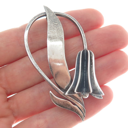 GINA Sterling Silver Vintage Mexico Tulip Flower Modernist Oxidized Pin Brooch