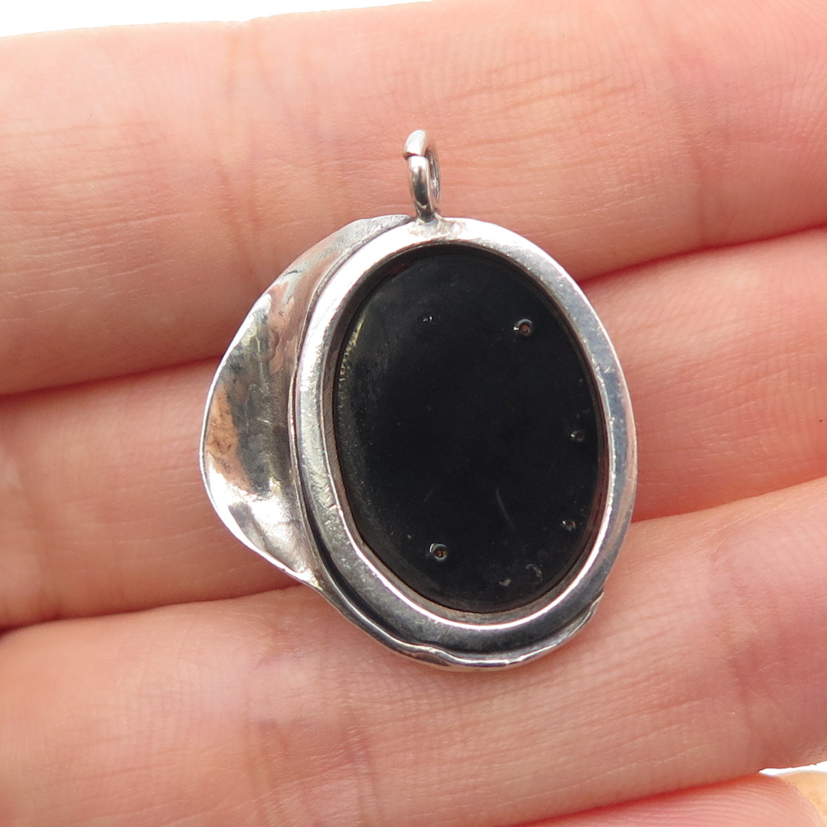925 Sterling Silver Vintage Real Amber Modernist Floral Oxidized Charm Pendant