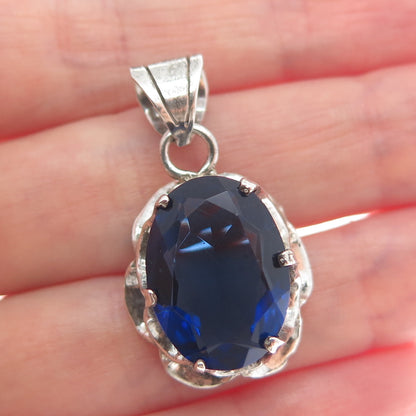 925 Sterling Silver Vintage Dark Blue C Z Oxidized Pendant