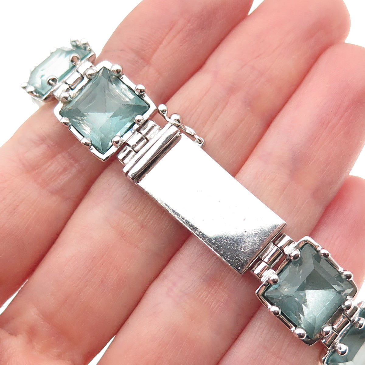 925 Sterling Silver Vintage Asscher-Cut Blue Rhinestone Bracelet 7.25"