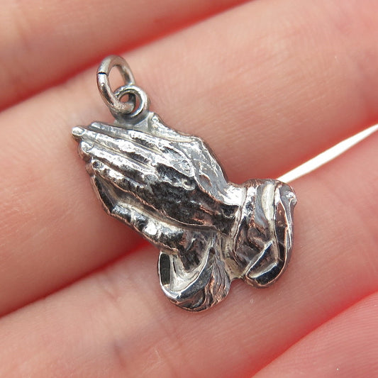 925 Sterling Silver Vintage Praying Hands Religious Oxidized Mini Charm Pendant