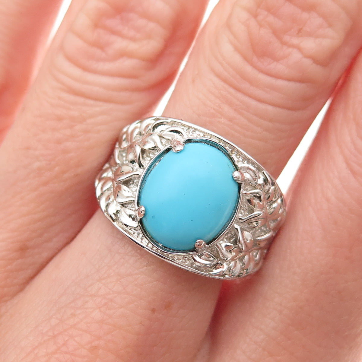 925 Sterling Silver Real Sleeping Beauty Turquoise Floral Ring Size 8