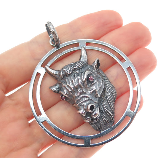 925 Sterling Silver Vintage Italy Real Ruby Taurus Zodiac Sign Oxidized Pendant