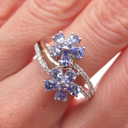 Chuck Clemency 925 Sterling 2-Tone Real Tanzanite & Topaz Floral Ring Size 8.25