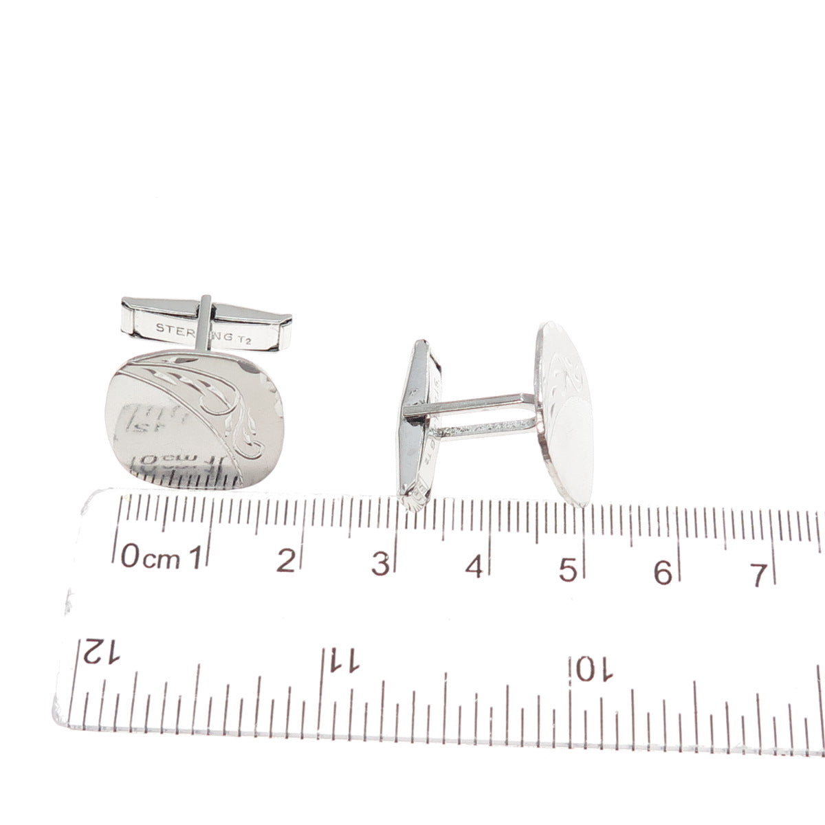 925 Sterling Silver Antique Art Deco T2 Engraved Floral Cushion-Shape Cufflinks