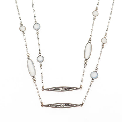 Silver-Tone Antique Art Deco Opalite Long Chain Necklace 56"