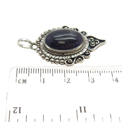 925 Sterling Silver Vintage Real Amethyst Swirl & Beaded Oxidized Pendant