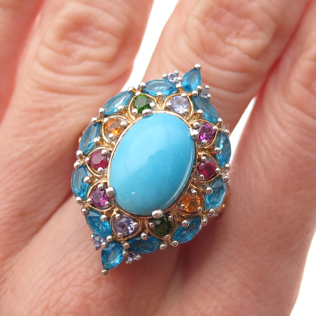 Chuck Clemency 925 Sterling Silver 2-Tone Real Multi-Color Gem Ring Size 8.25