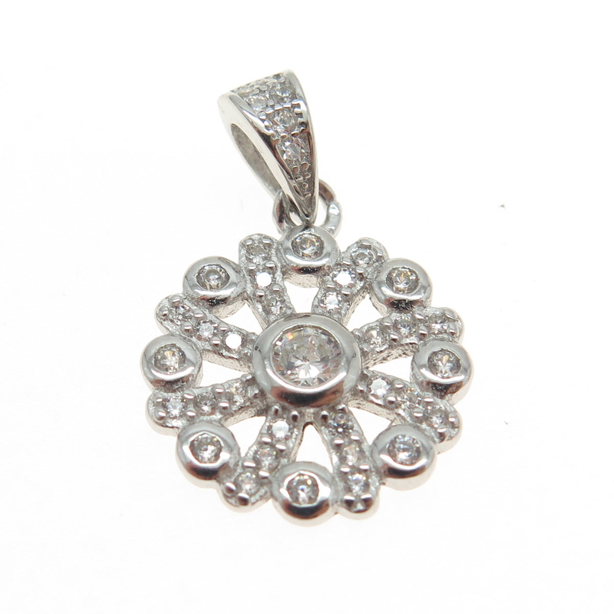 925 Sterling Silver Round-Cut C Z Flower Pendant