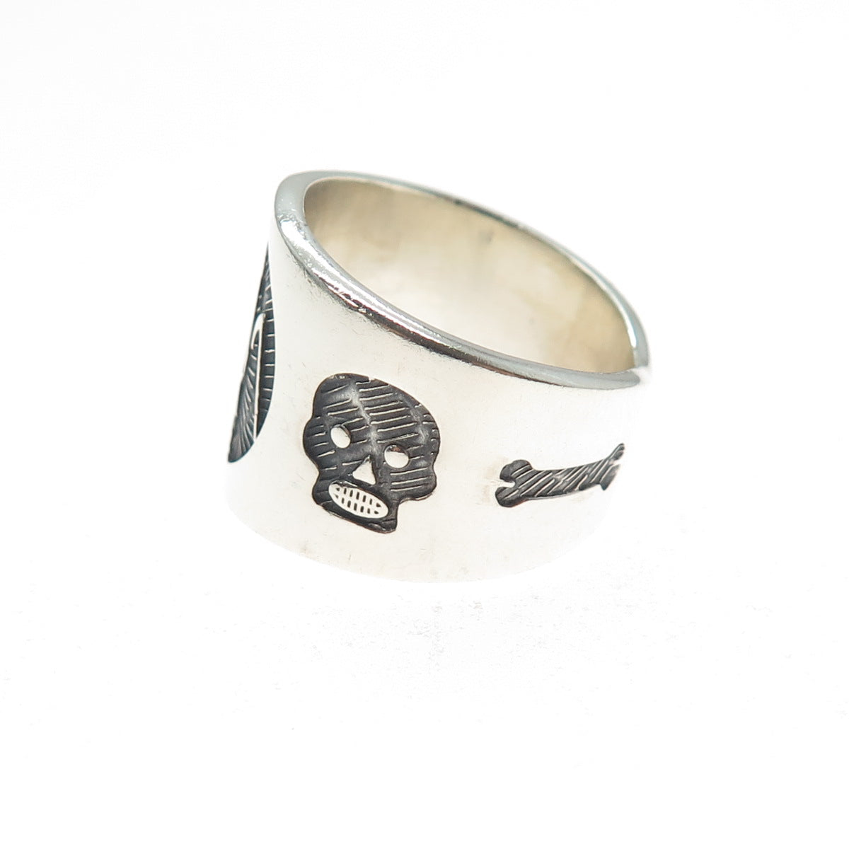 925 Sterling Silver Vintage Santa Muerte Oxidized Ring Size 8.75